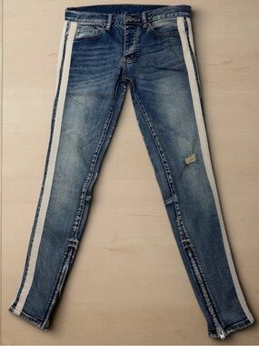 MNML Los Angeles Streetwear brand Jeans Distressed Skinny Racing Stripes 28